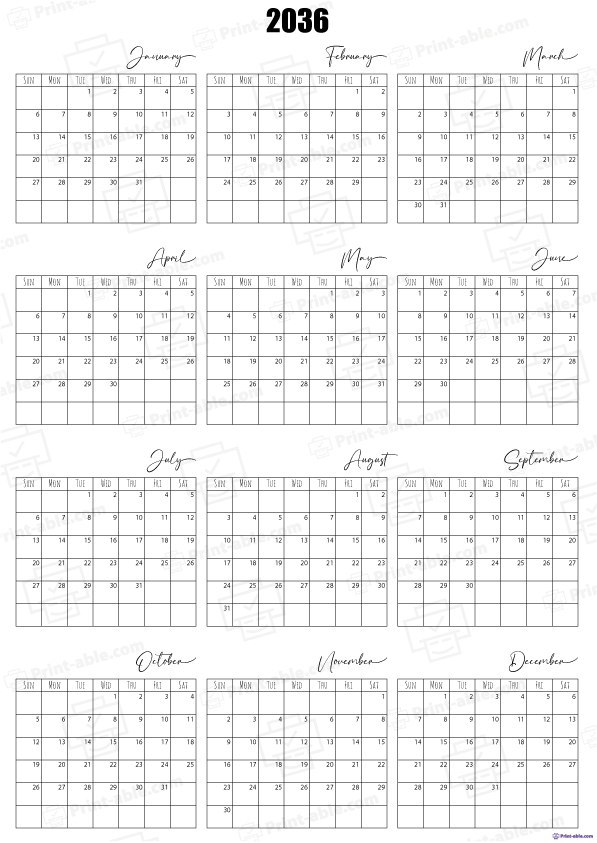 2036 Calendar printable free download