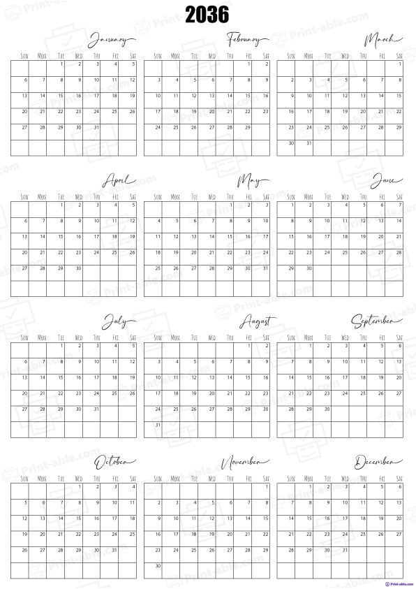2036 Calendar printable free download