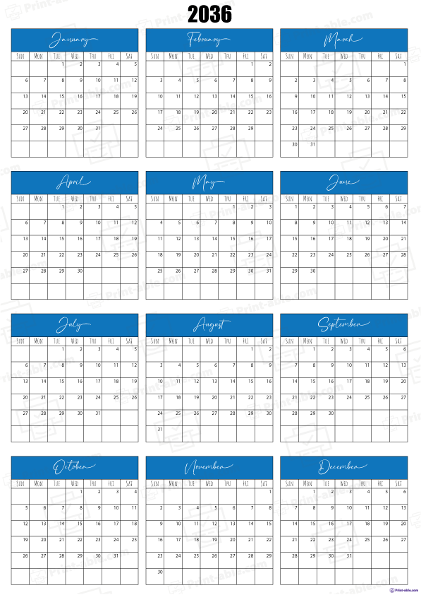 2036 Calendar printable free download