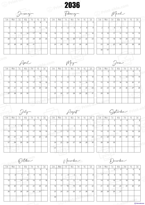 2036 Calendar printable free download