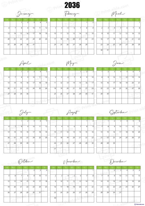 2036 Calendar printable free download