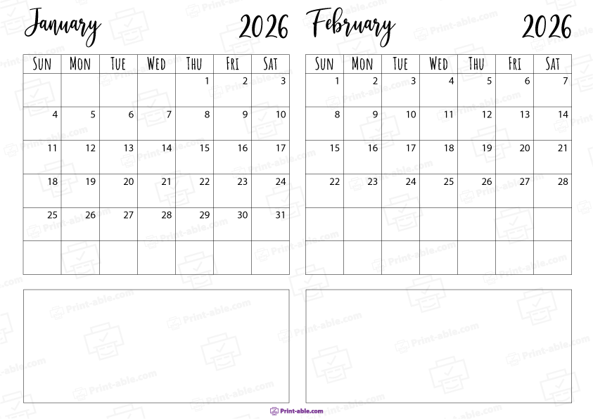 January and February 2026 Calendar Free Download