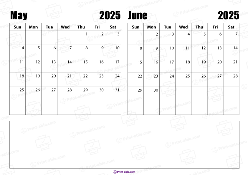 May and June 2025 Calendar Free Download