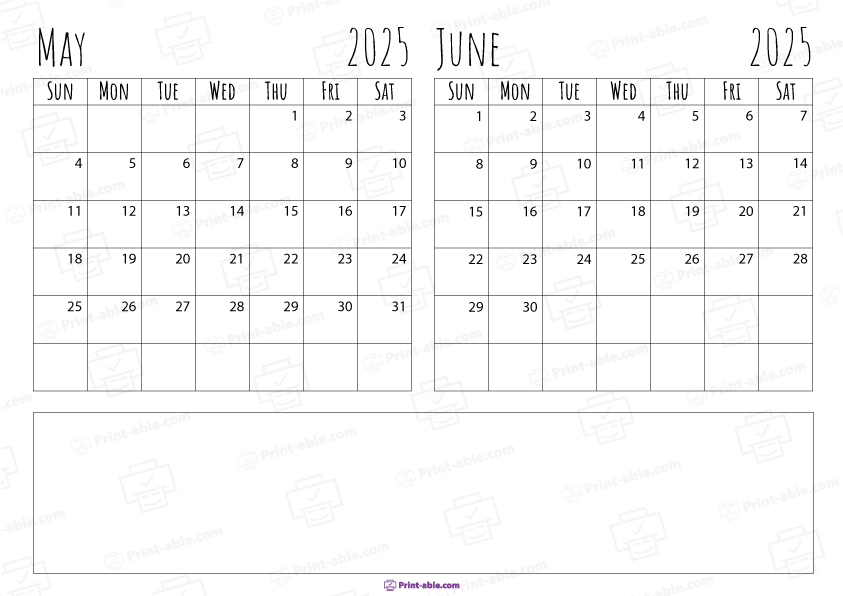 May and June 2025 Calendar Free Download