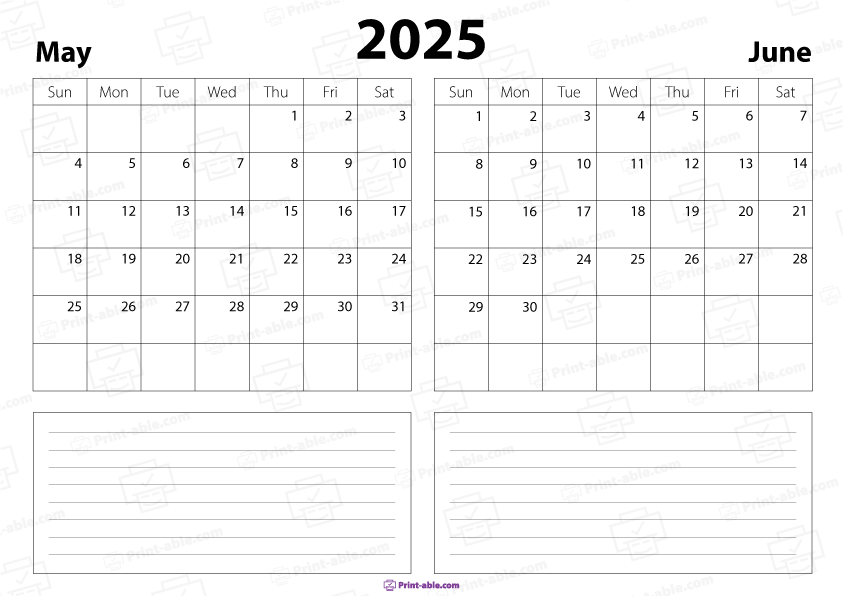 May and June 2025 Calendar Free Download