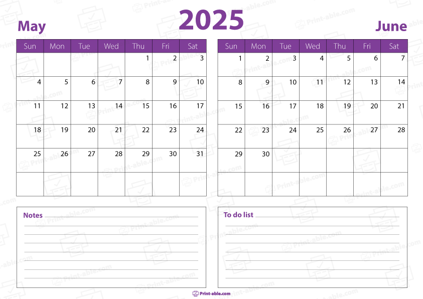 May and June 2025 Calendar Free Download
