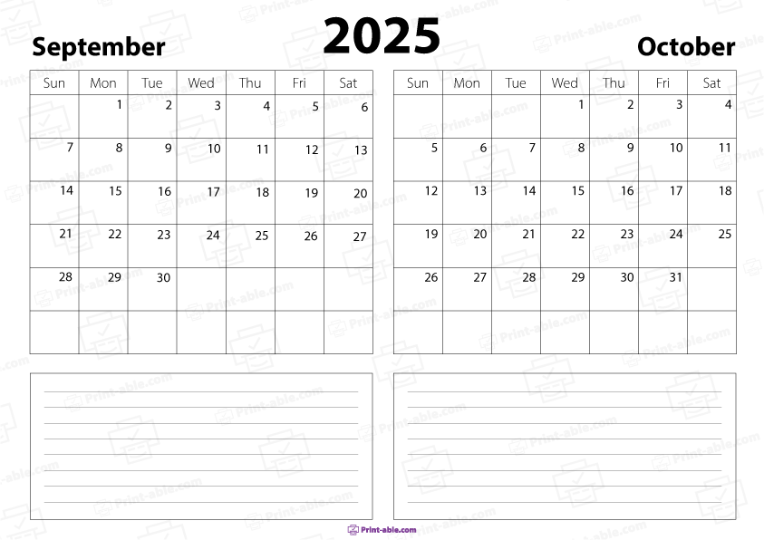 September and October 2025 Calendar Free Download