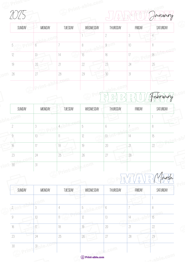 2025 three month calendars printable free download