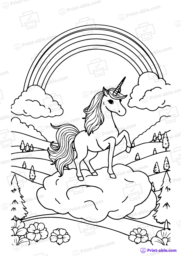 Unicorn and Rainbow Coloring Page