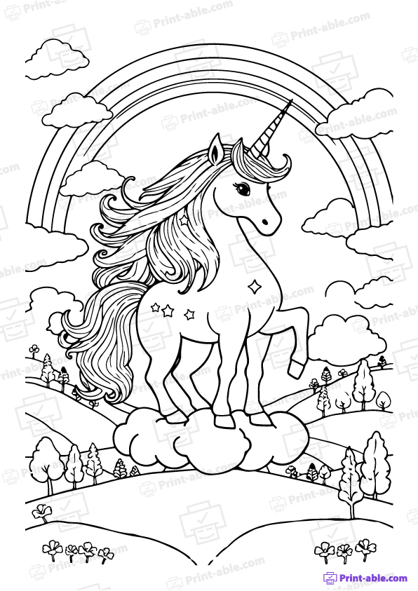 Unicorn and Rainbow Coloring Page