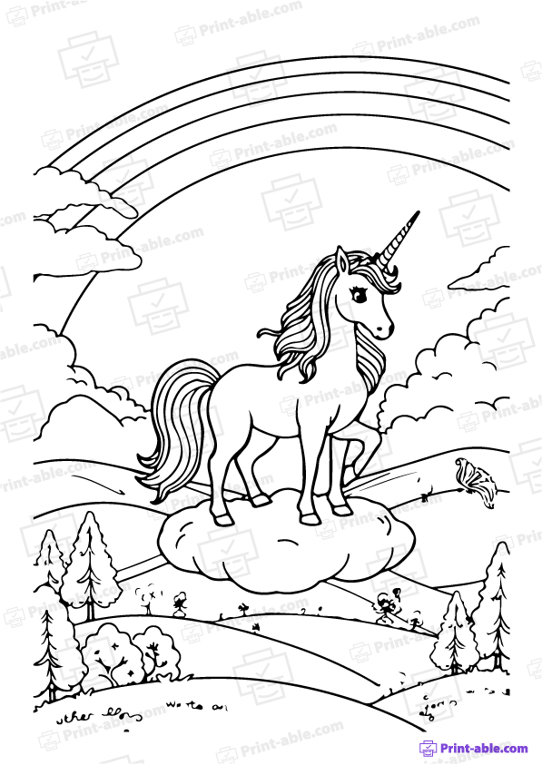 Unicorn and Rainbow Coloring Page