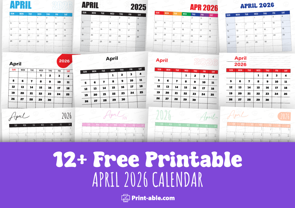 April 2026 calendar printable free download
