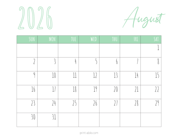 August 2026 Calendar