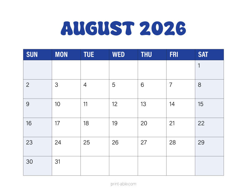 August 2026 Calendar