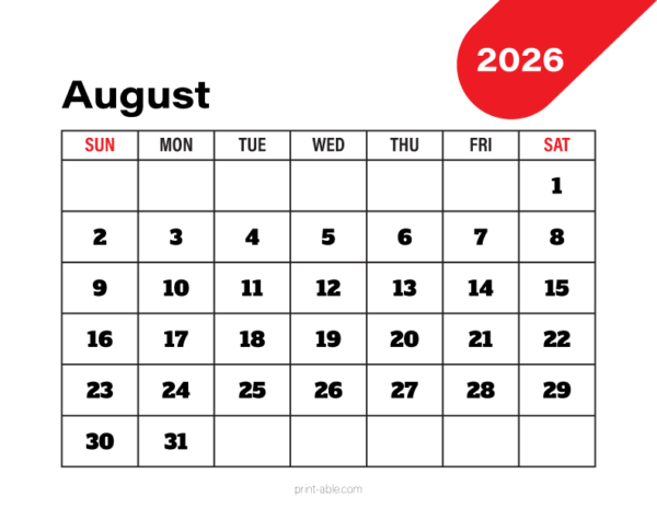 August 2026 Calendar