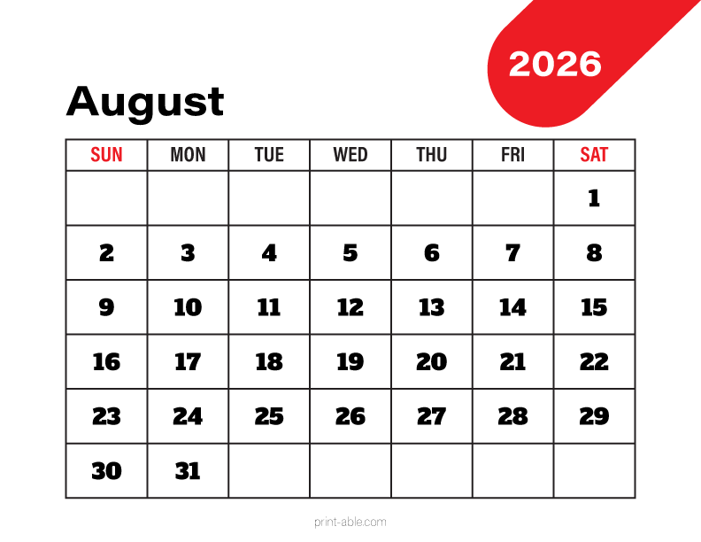 August 2026 Calendar