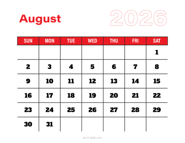August 2026 Calendar