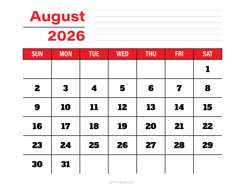 August 2026 Calendar