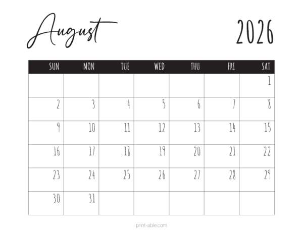 August 2026 Calendar