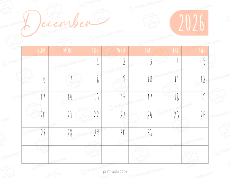 December 2026 Calendar Printable Free Download