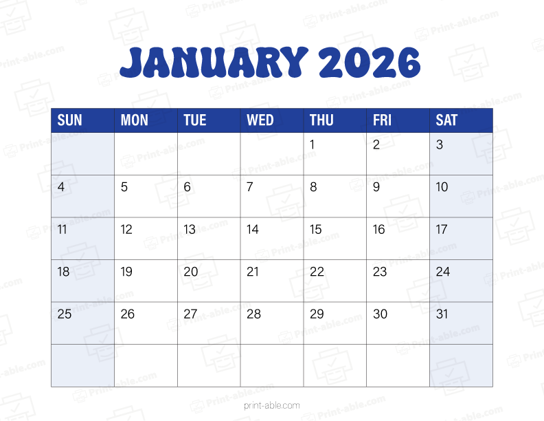 January 2026 Calendar Printable