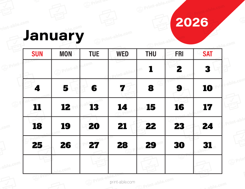 January 2026 Calendar Printable