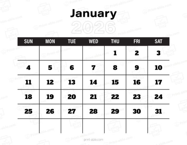 January 2026 Calendar Printable