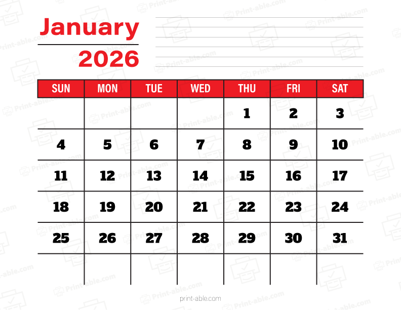January 2026 Calendar Printable