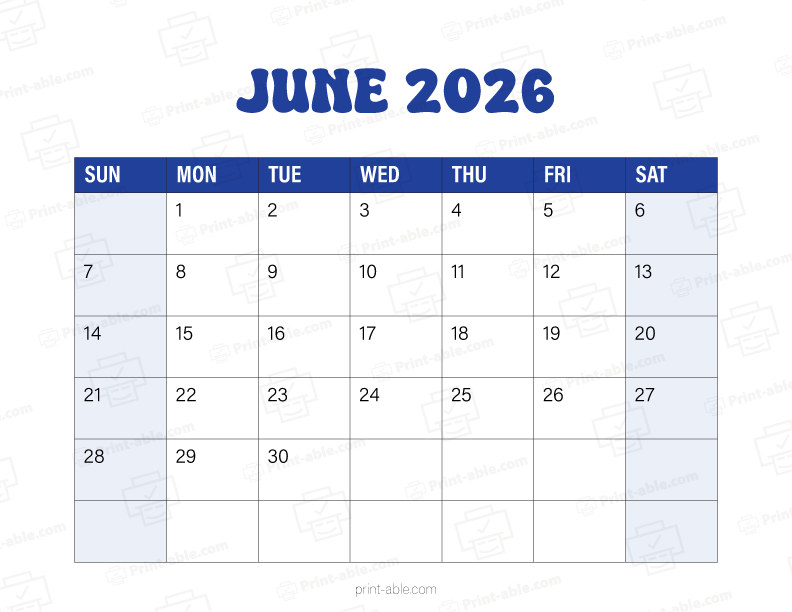 June 2026 Calendar Printable Free Download