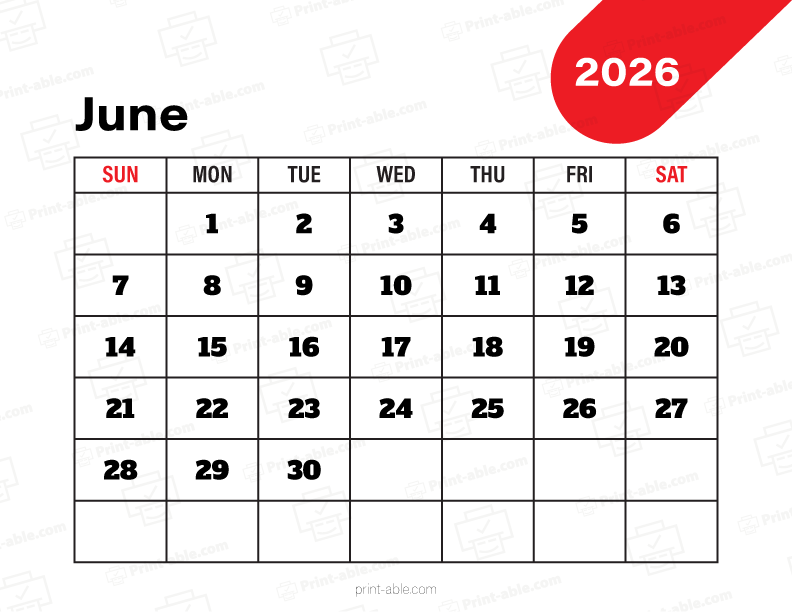 June 2026 Calendar Printable Free Download