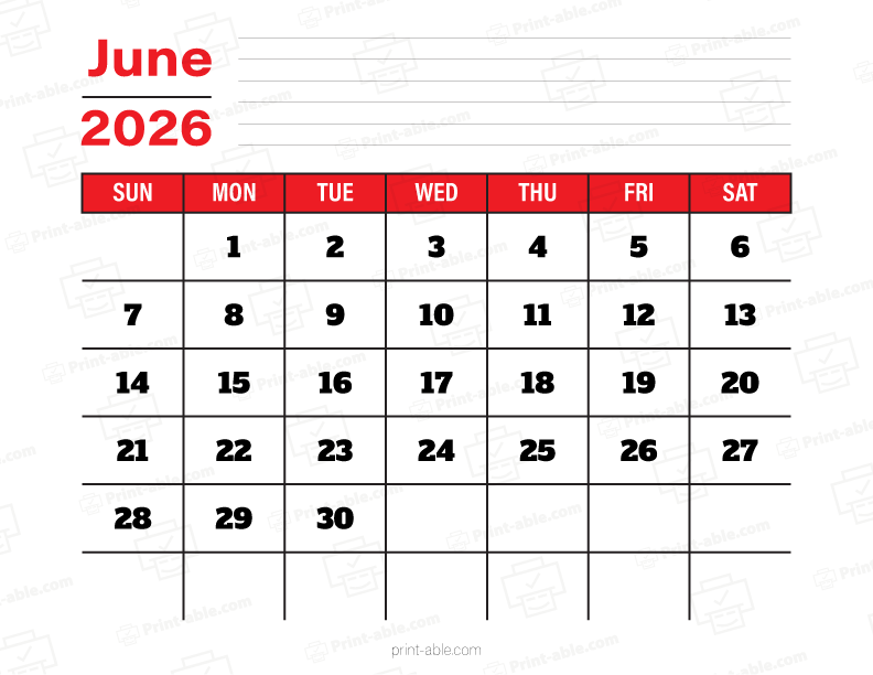 June 2026 Calendar Printable Free Download