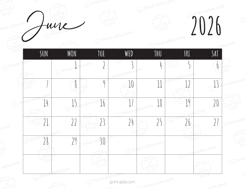 June 2026 Calendar Printable Free Download
