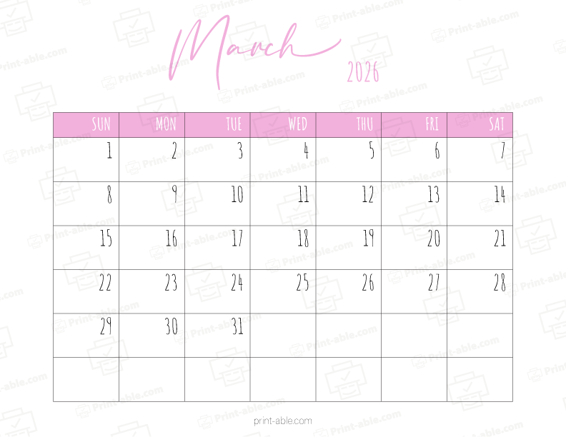 March 2026 Calendar Printable Free Download