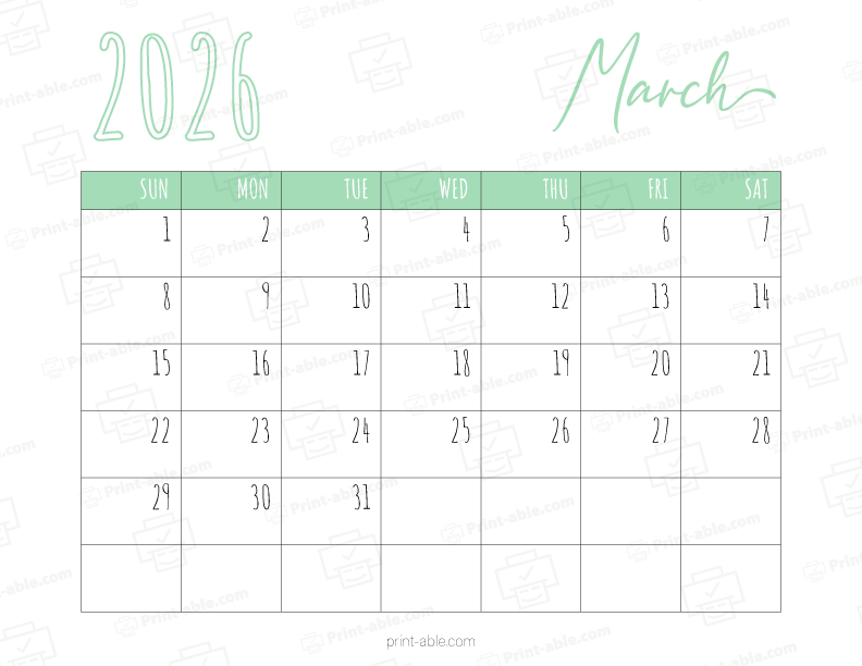 March 2026 Calendar Printable Free Download