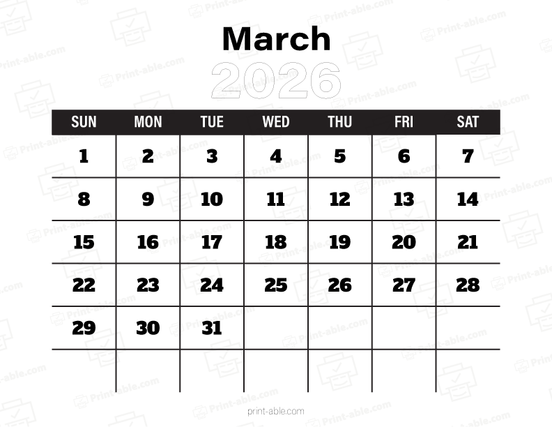 March 2026 Calendar Printable Free Download