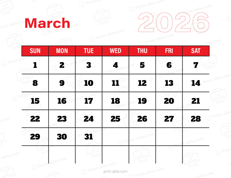 March 2026 Calendar Printable Free Download